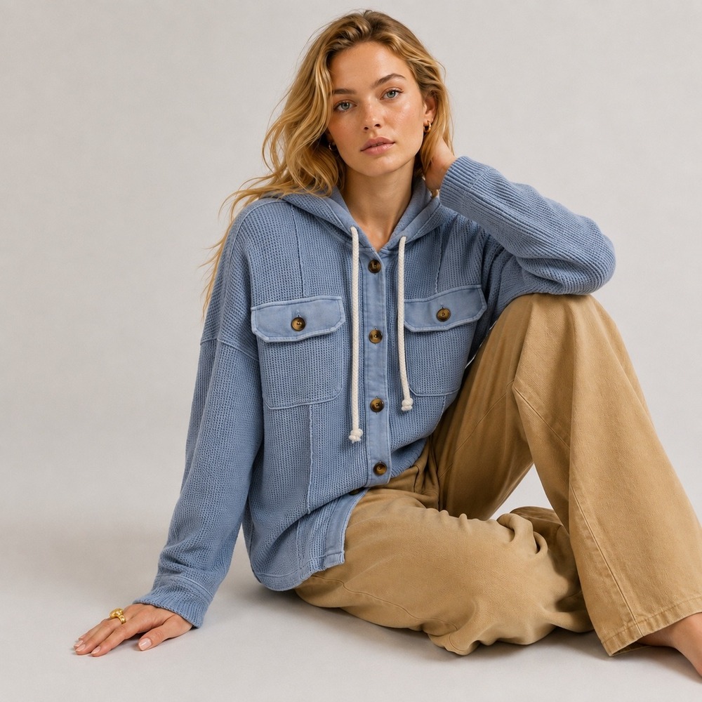 American Eagle Waffle Knit Shacket Hoodie Womens Size S Blue Button Lumberjane